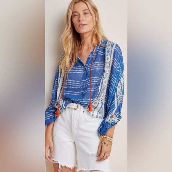Anthropologie Verb Katia Blue Metallic Boho Peasant Button Front Sheer Blouse XS - Picture 1 of 9